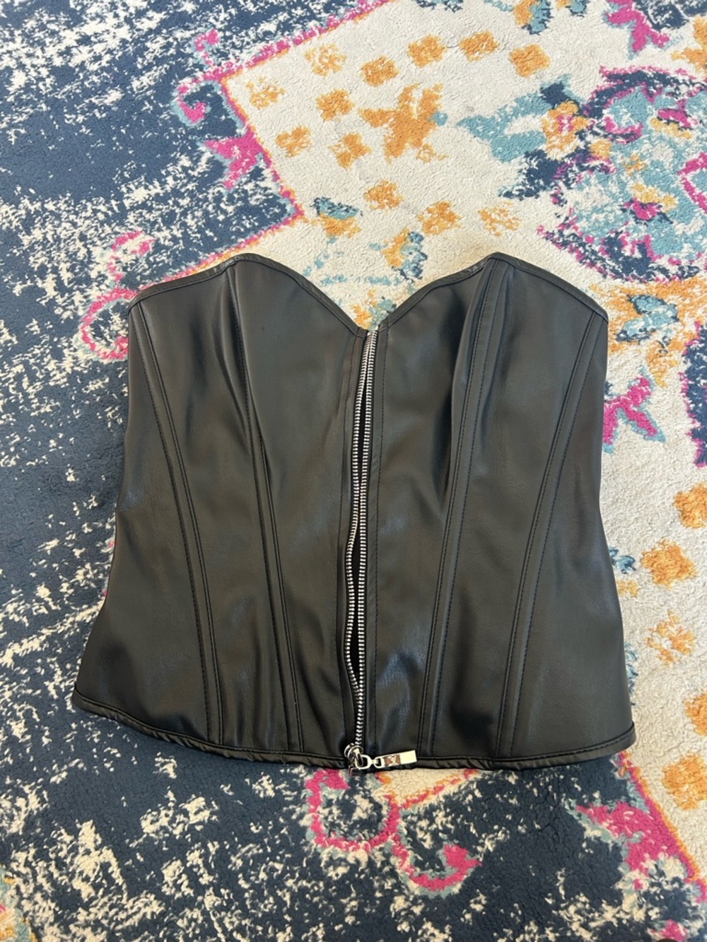 Black Faux Leather Strapless Corset Top with Front Zip